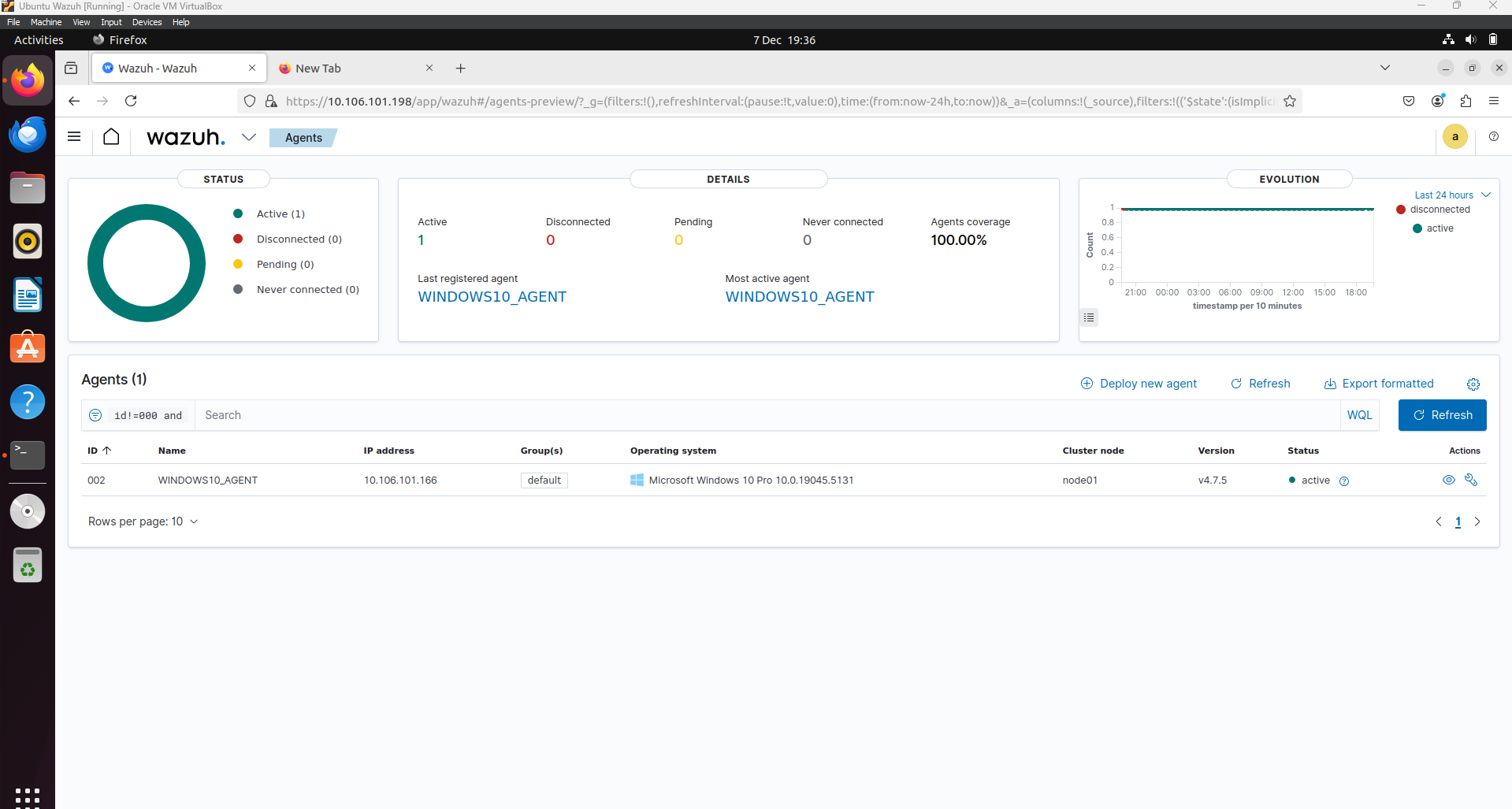 Wazuh Agent Dashboard Showing Active Agent